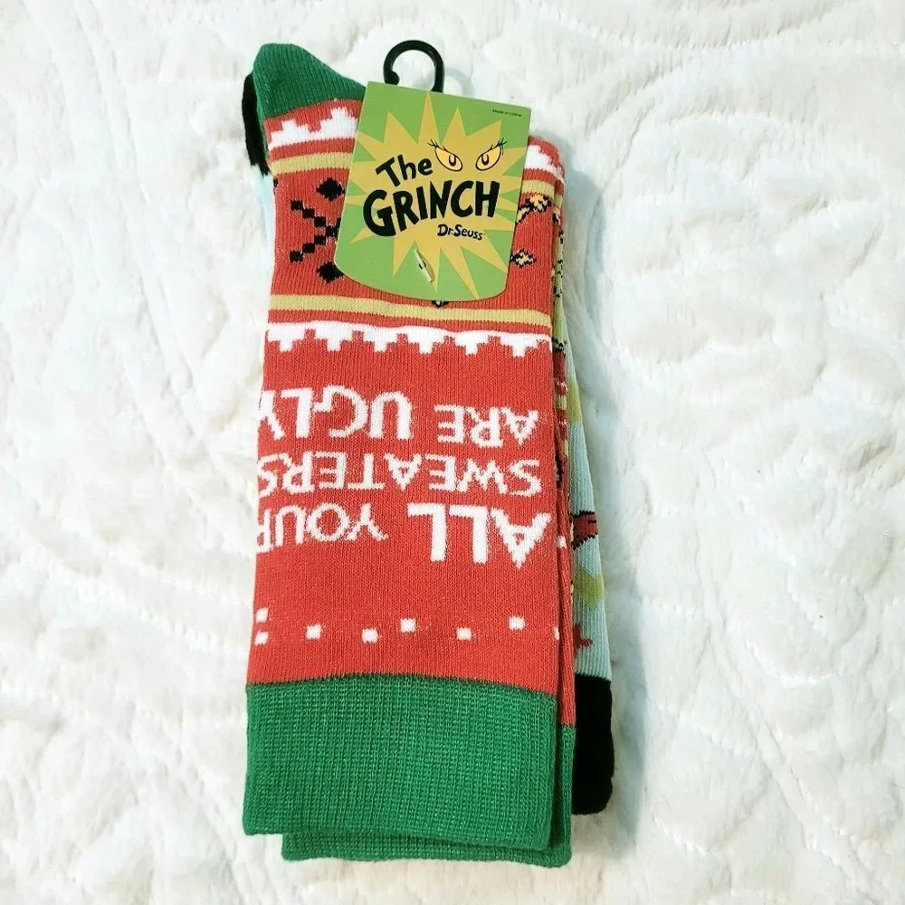 Bioworld Grinch Crew Socks 2 Pair Christmas Mens Sock Size 10-13 Shoes 8-12 New